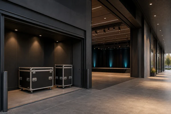 Acceso de servicio y circulación separados en un recinto para eventos.