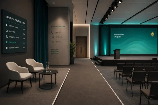 Mobiliario de un panel preparado junto a un escenario durante el ensayo.