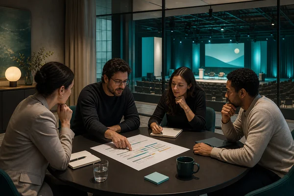 Equipo de producción revisando la secuencia de una jornada empresarial.