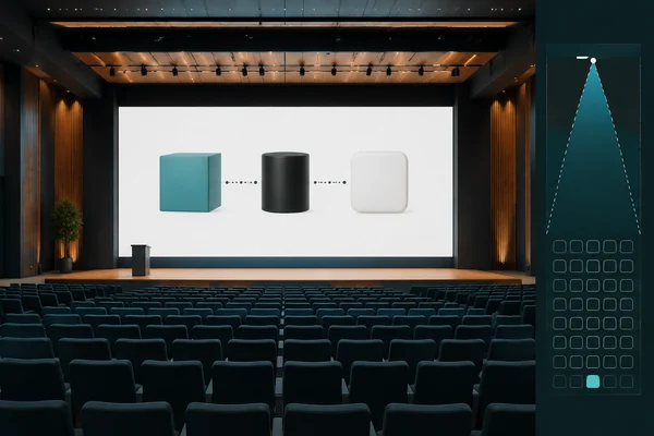 Vista desde el fondo de un auditorio hacia una pantalla con contenido simplificado.