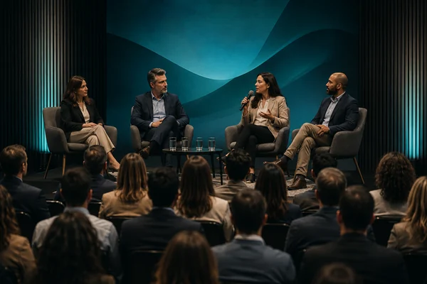 Panel empresarial con una participante hablando y el resto escuchando.
