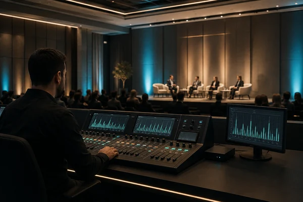 Operación de audio durante una conversación de panel en un evento empresarial.