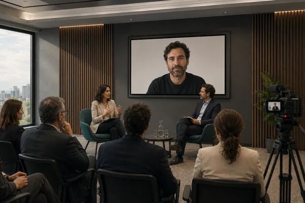 Encuentro híbrido con panel presencial y participación remota en pantalla.