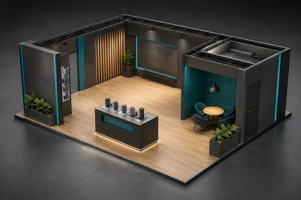 Distribución conceptual de un stand con demostración, reunión y almacenamiento.