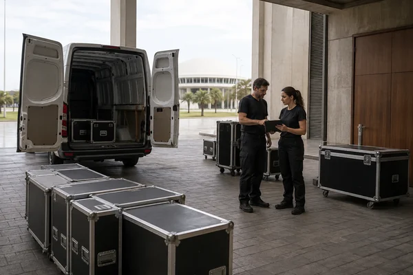 Coordinación de entrega de equipos en el acceso de servicio de un recinto.