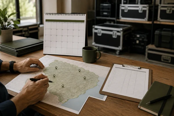 Mapa de referencia, calendario e inventario para planificar una ruta de producción.