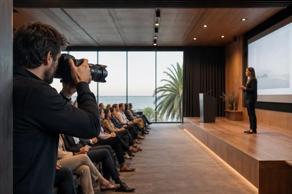 Cobertura fotográfica de una presentación empresarial desde un lateral de la sala.