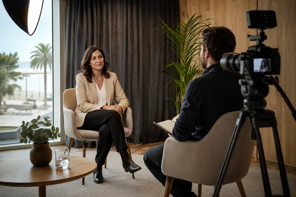 Espacio de entrevista audiovisual preparado dentro de un encuentro corporativo.