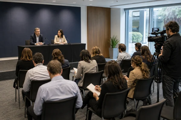 Presentación institucional con portavoces, asistentes y una cámara lateral.