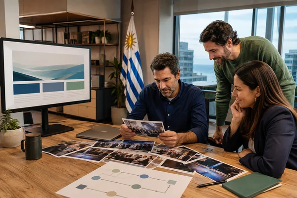 Equipo preparando el uso de fotografías y contenidos después de un evento empresarial.