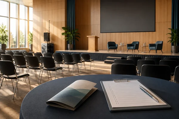 Sala de evento y documentos preparados para el cierre de la jornada.