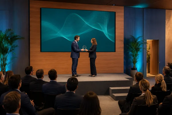 Entrega de un reconocimiento empresarial en un escenario con pantalla y luz cálida.