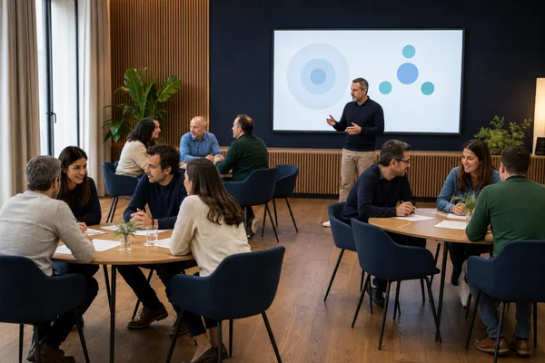 Capacitación de empresa con mesas de trabajo y un facilitador frente al grupo.