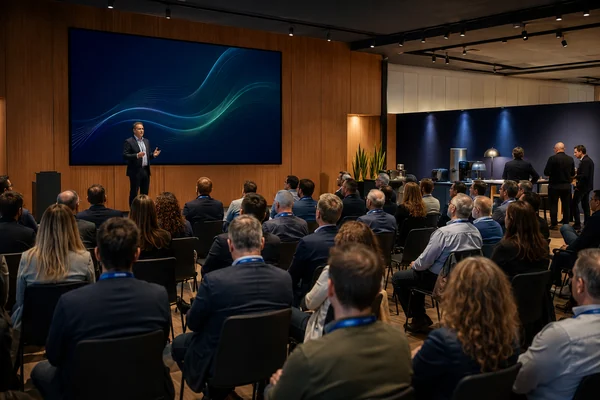 Convención de distribuidores con presentación plenaria y una zona de producto al fondo.