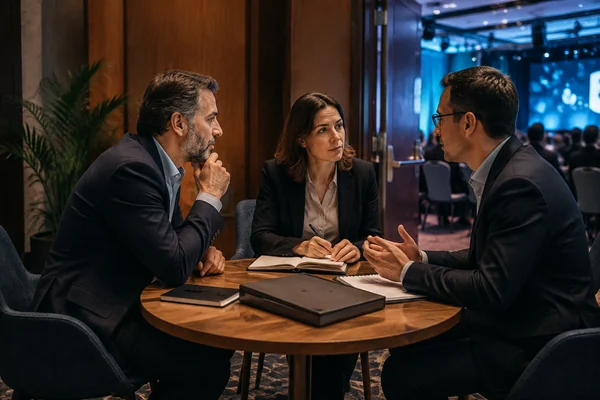 Reunión breve entre representantes comerciales durante una convención.