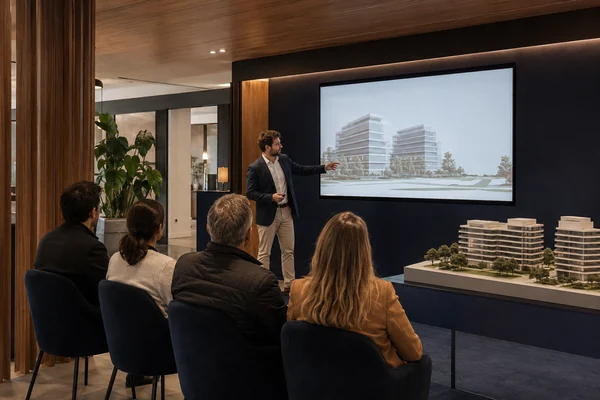 Presentación conceptual de un proyecto inmobiliario con maqueta y pantalla.