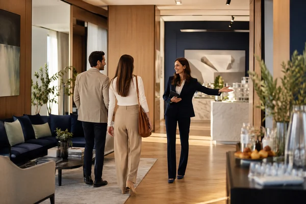 Zona de recepción y conversación de un encuentro de presentación inmobiliaria.