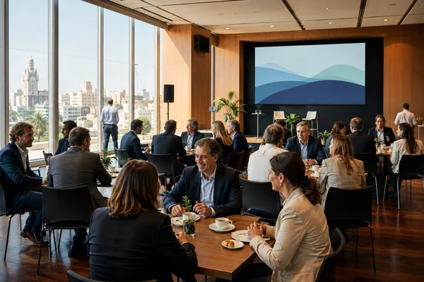 Desayuno de negocios con mesas pequeñas y conversaciones entre participantes.