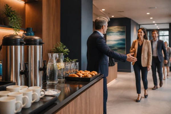 Estación de café y recepción preparada para un encuentro de negocios.