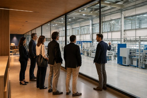 Grupo de clientes observando una planta desde una galería de visitantes separada.