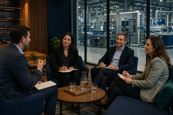 Conversación de cierre con clientes después del recorrido de una planta.