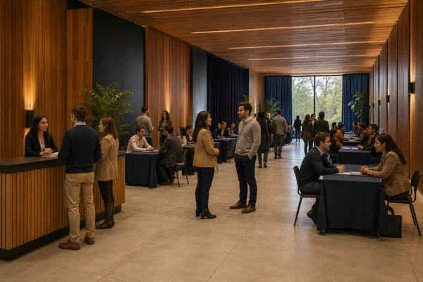 Feria de empleo con recepción, mesas de empresas y conversaciones individuales.