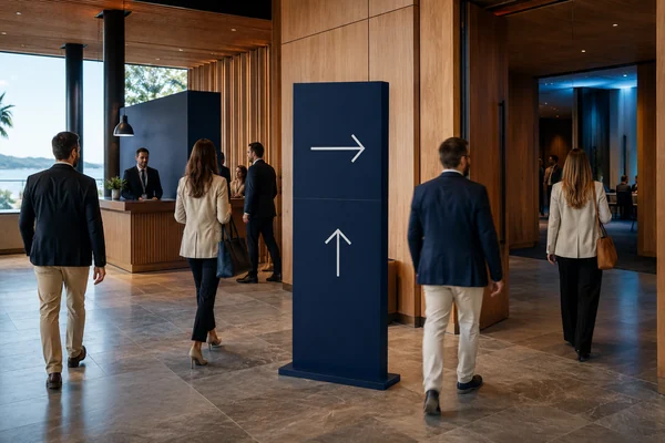 Recepción de un encuentro empresarial con señalética clara y pasillos despejados.