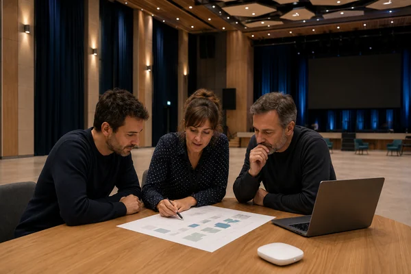 Equipo de producción revisando las necesidades de conectividad de un evento.