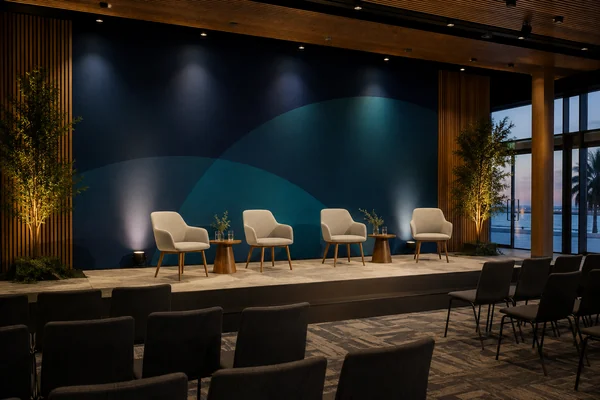 Escenario empresarial preparado para una conversación con varios participantes.