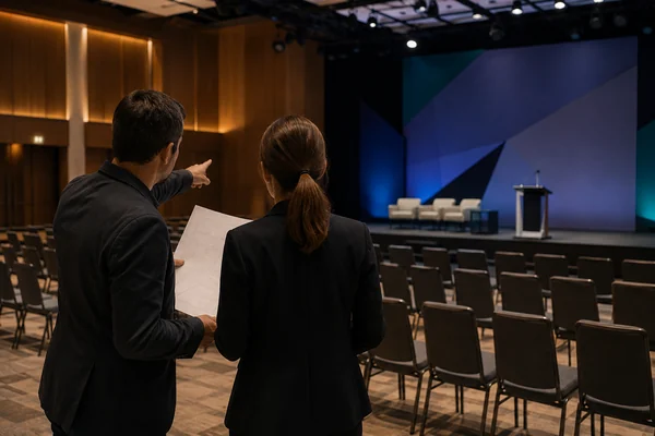 Equipo de producción comprueba la visibilidad del escenario desde la sala.